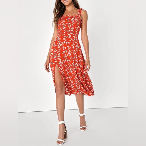 Lulus Dresses & Skirts - Lulus Garden Date Red Orange Floral Print Ruffle Midi Dress Women’s Small Spring